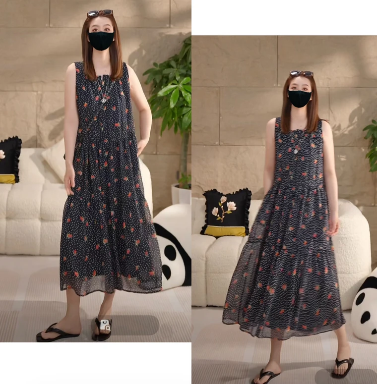 Miss.Z【清仓福利】波点玫瑰无袖系扣气质显瘦背心裙#q8052