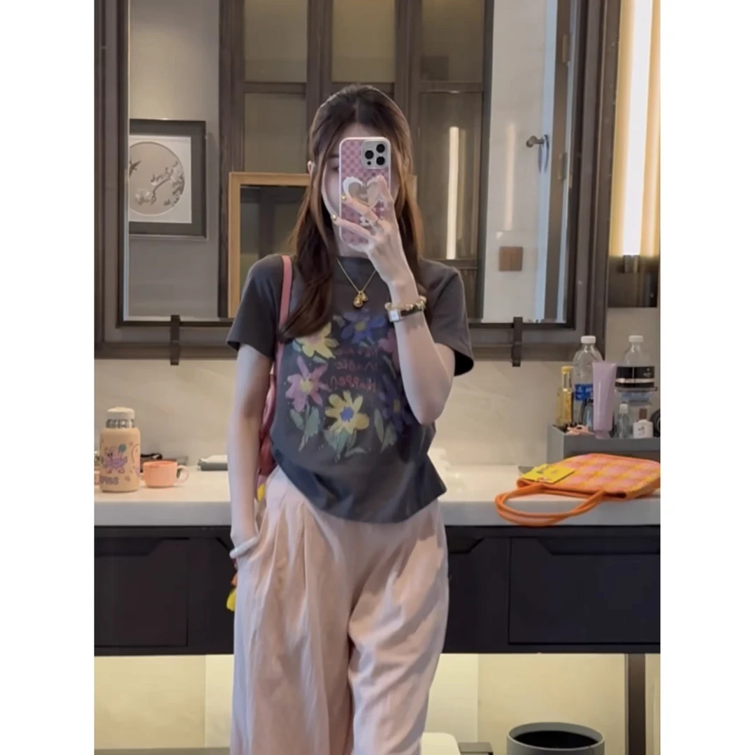 2025新款夏季慵懒风灰色美式印花圆领短袖t恤显瘦减龄宽松上衣女