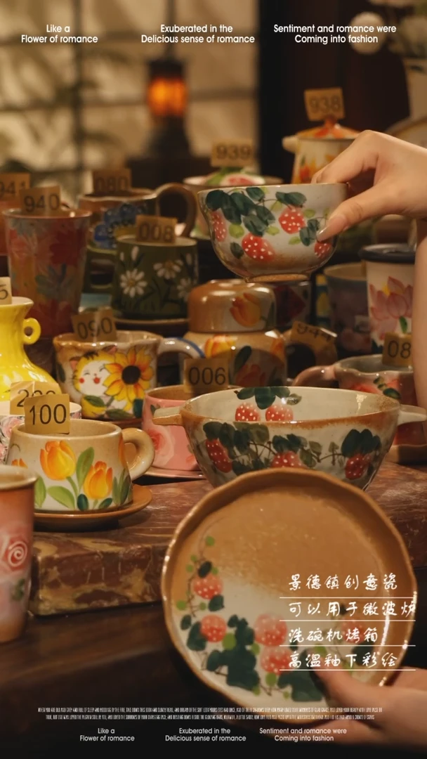 陶瓷三件套景德镇高温手绘釉下彩设计师款式