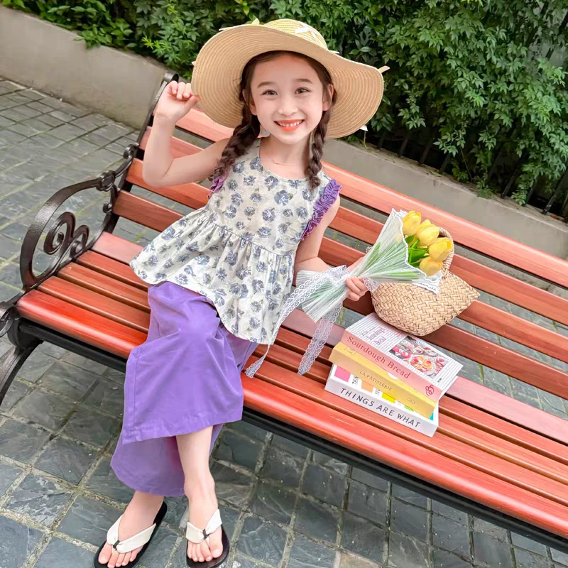 女童套装2025新款夏季新花边无袖碎花衫中小童女宝宝两件套7005