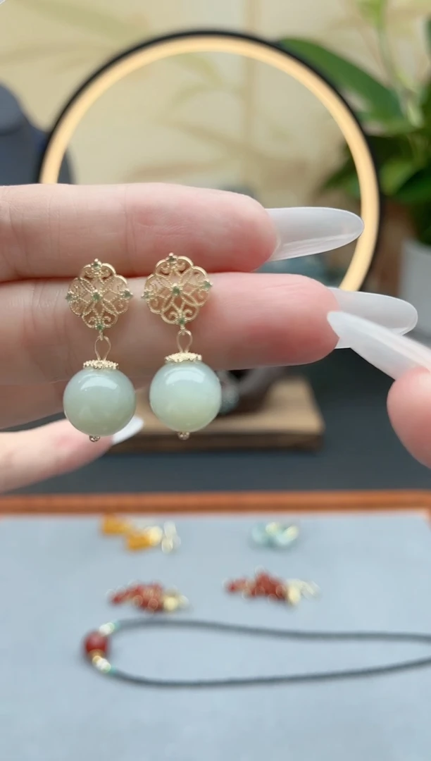 和田玉银S925镶嵌耳饰669和田玉耳钉