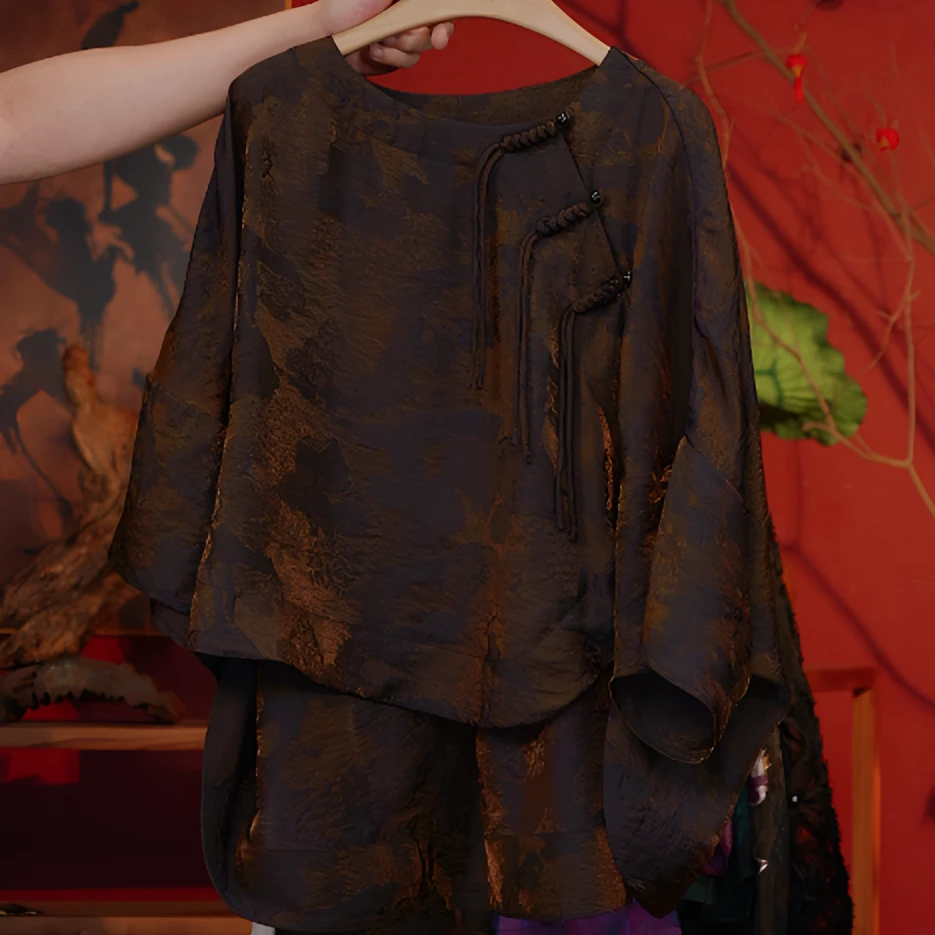 【芳菲入梦】L2166-1黑金色浮光锦渐变黑金色花萝廓形上衣