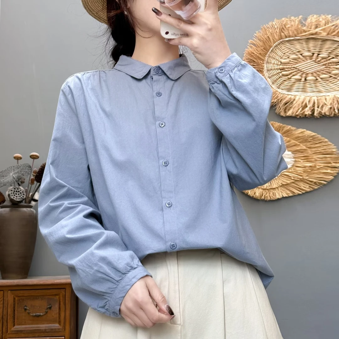 春季娃娃领全棉磨毛衬衫女款宽松休闲百搭叠穿衬衣