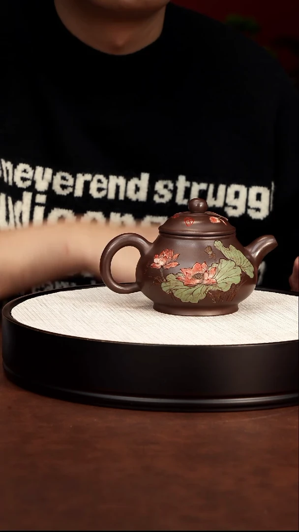 茶壶紫砂宜兴紫砂 荷趣容天壶 老紫泥 梅付春
