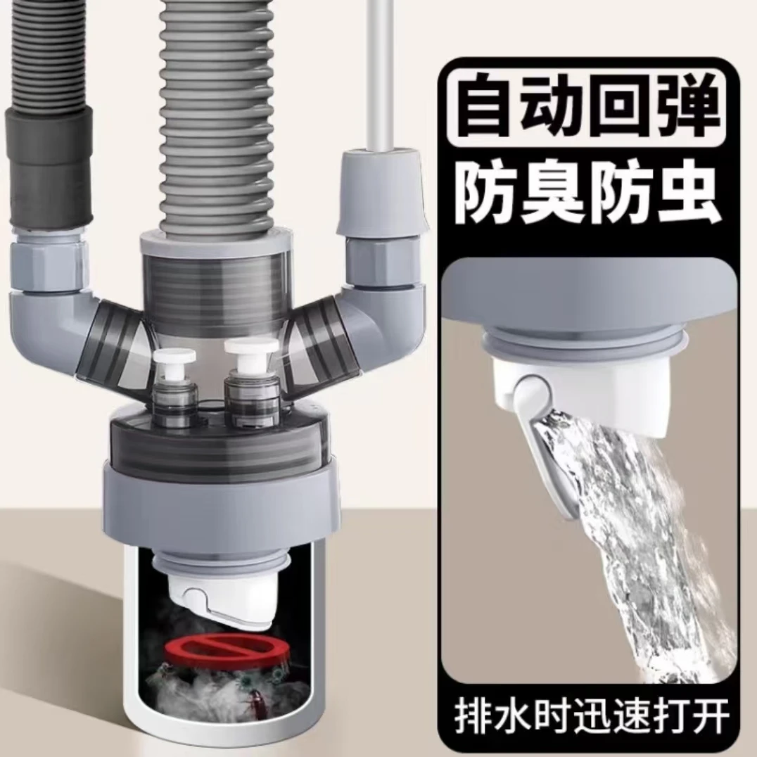 潜水艇厨房下水接口三通防臭洗菜盆洗碗机净水器下水接口三通