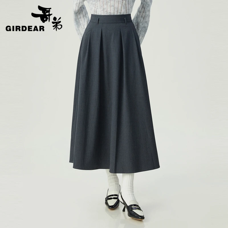 哥弟秋冬新款百搭高腰复古浅色百褶新中式中长伞裙半身裙1200366