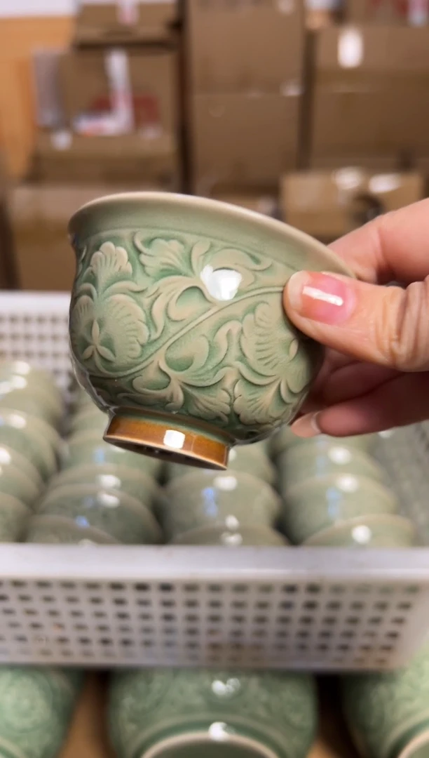 陶瓷耀州窑纯手工秘色缠枝牡丹压手杯正品单杯