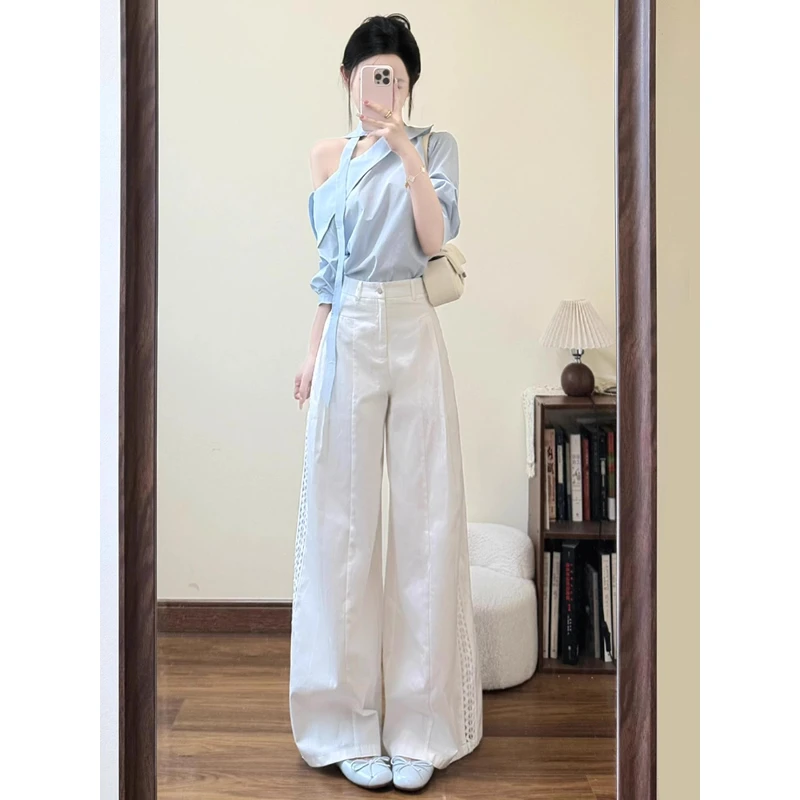 夏装一整套气质女神范高级感重要场合巨好看减龄蓝色斜襟衬衫套装