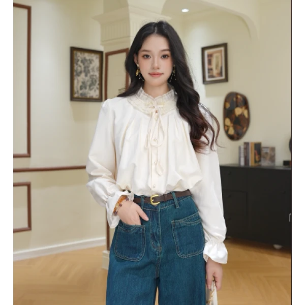 幸子港风 2025春季新款时尚百搭法式白色设计感长袖衬衫#1577