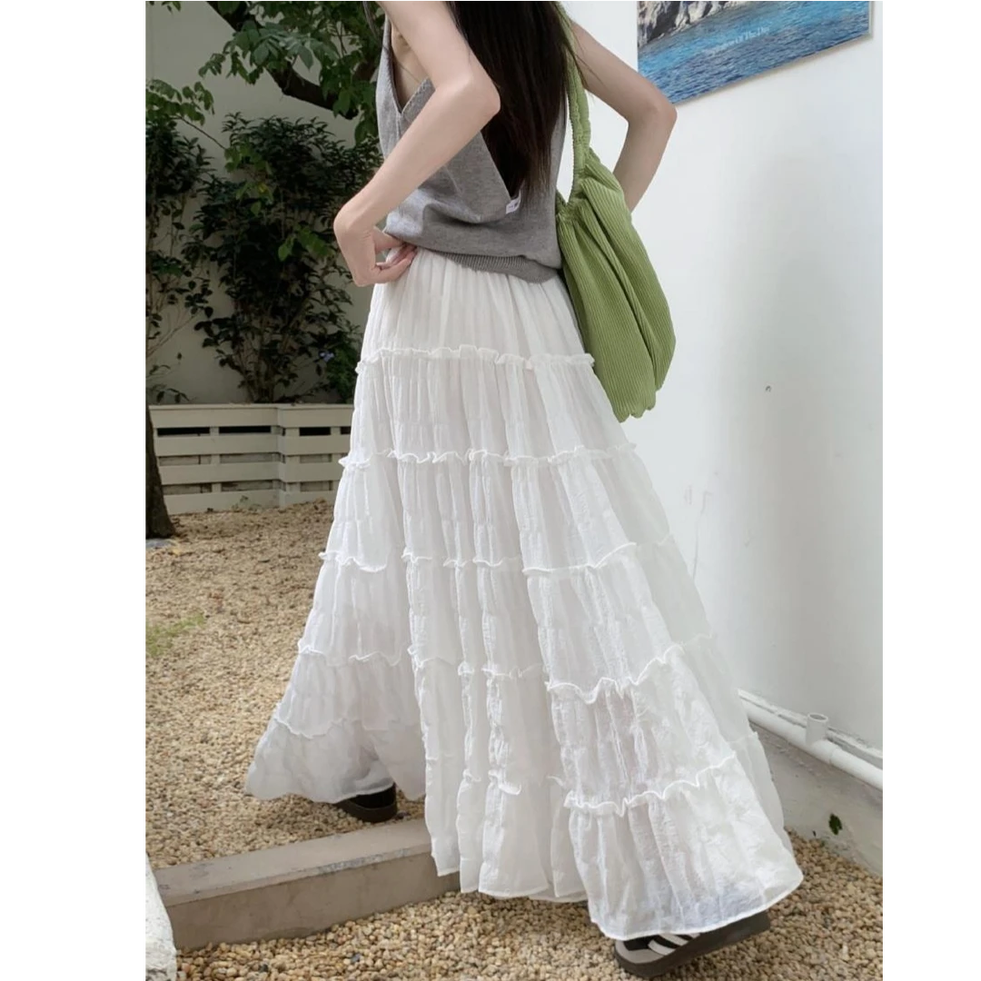 新款韩版百搭肌理感显瘦春夏A字半身裙木耳边拼接蛋糕裙长裙2025