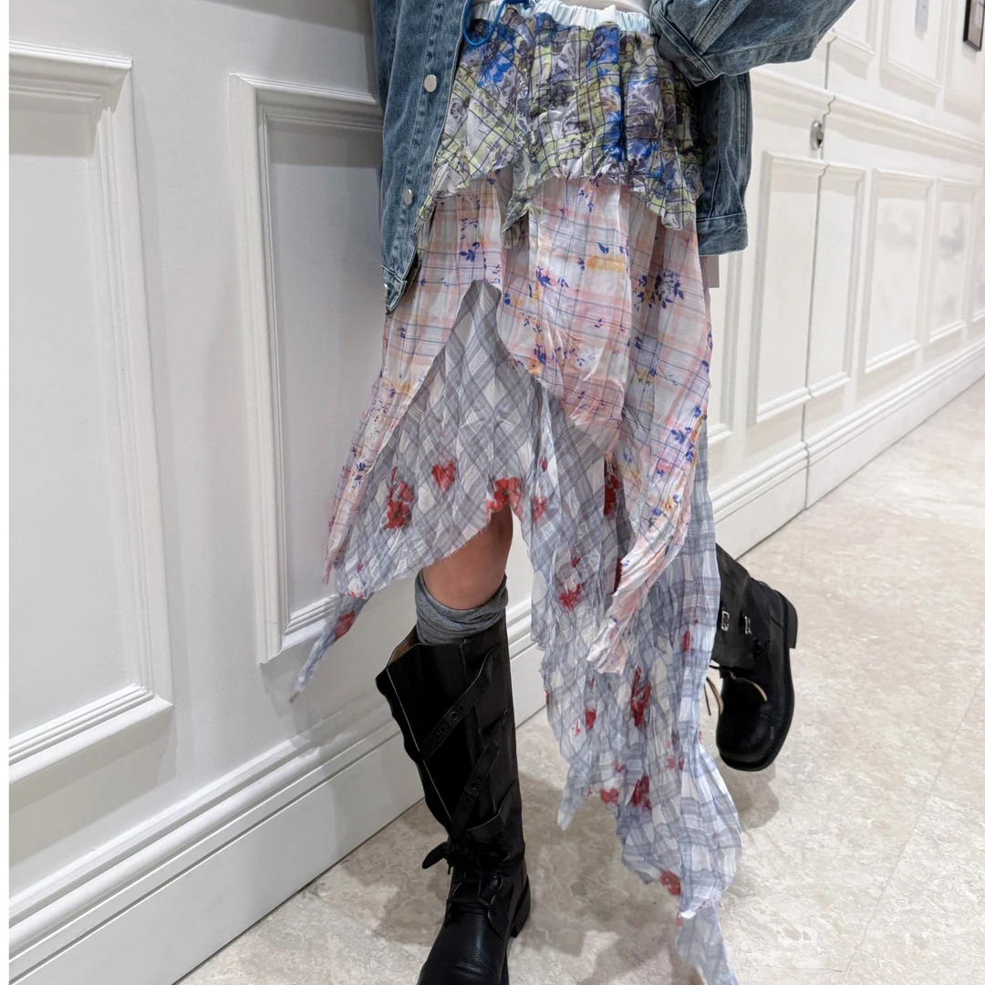 25ss 美式辣妹 格纹花色半身裙 小众两穿不规则裙子女