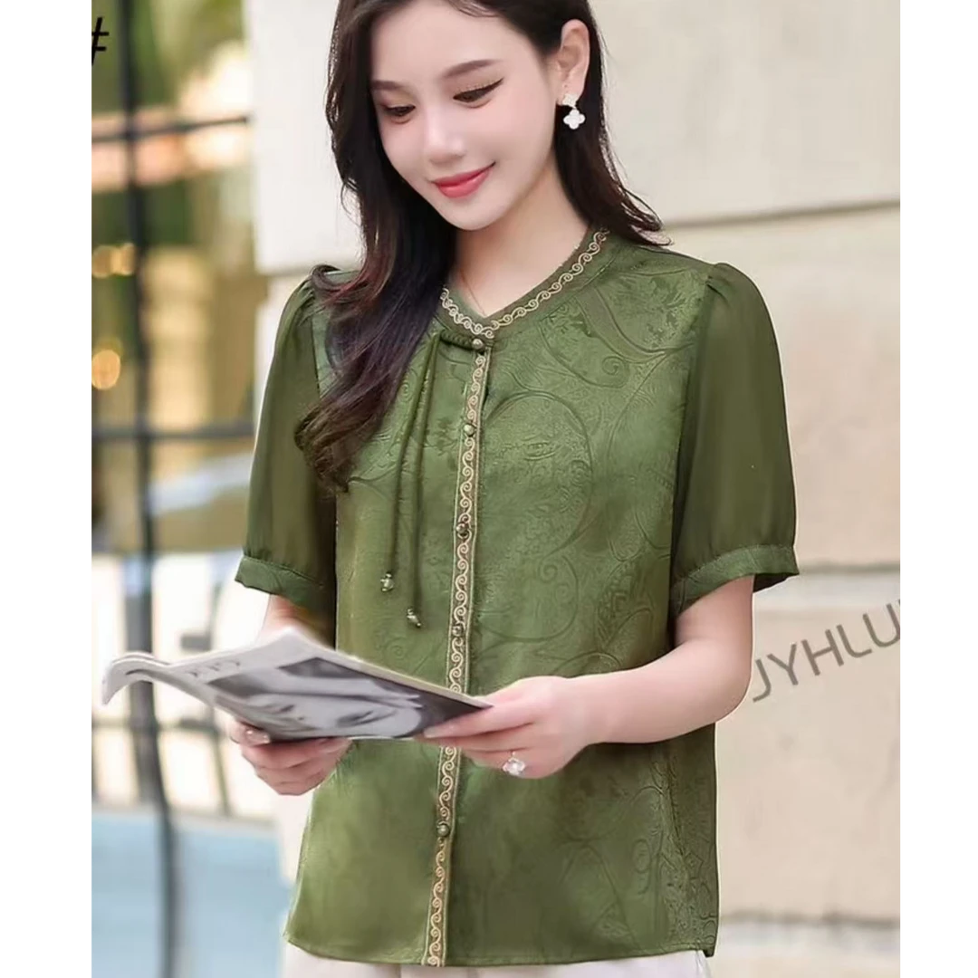 常规立领薄款宽松型中老年女装圆领连衣裙衬衫盘扣提花女装洋气