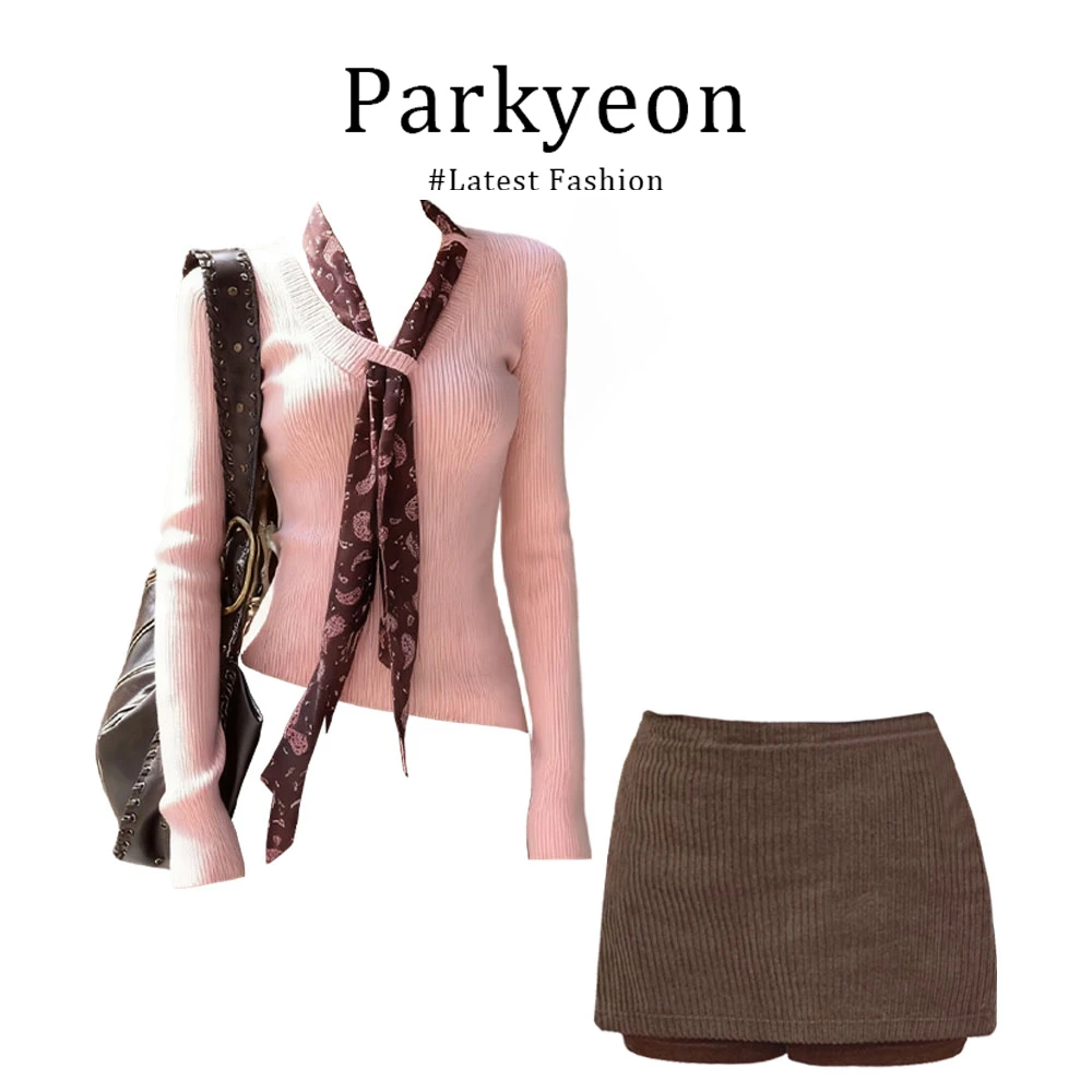 辣妹风穿搭V领针织衫女秋冬季防走光A字半身裙时尚套装