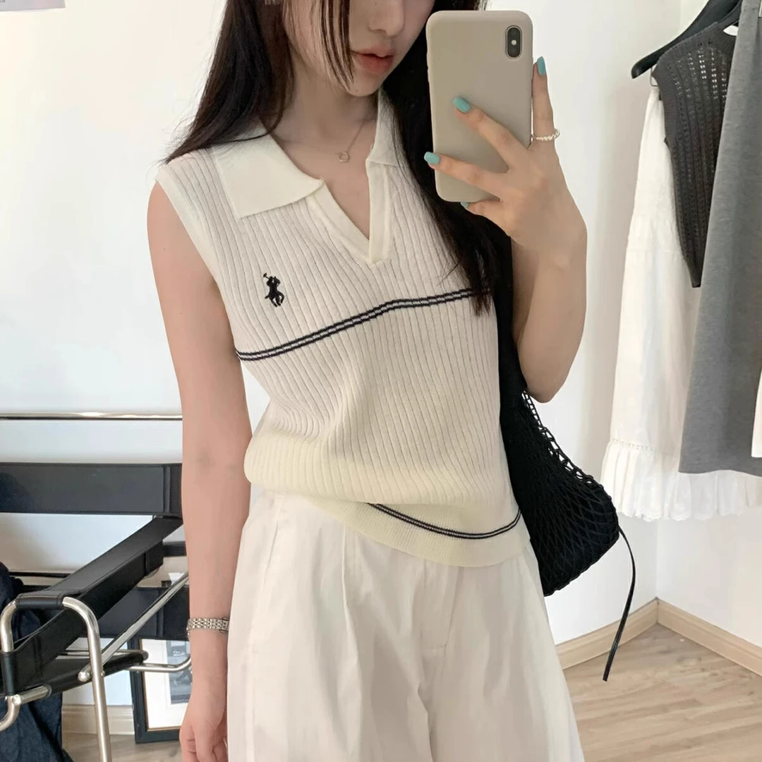 韩版时尚刺绣战马无袖POLO领针织衫女夏季新款设计感套头百搭上衣