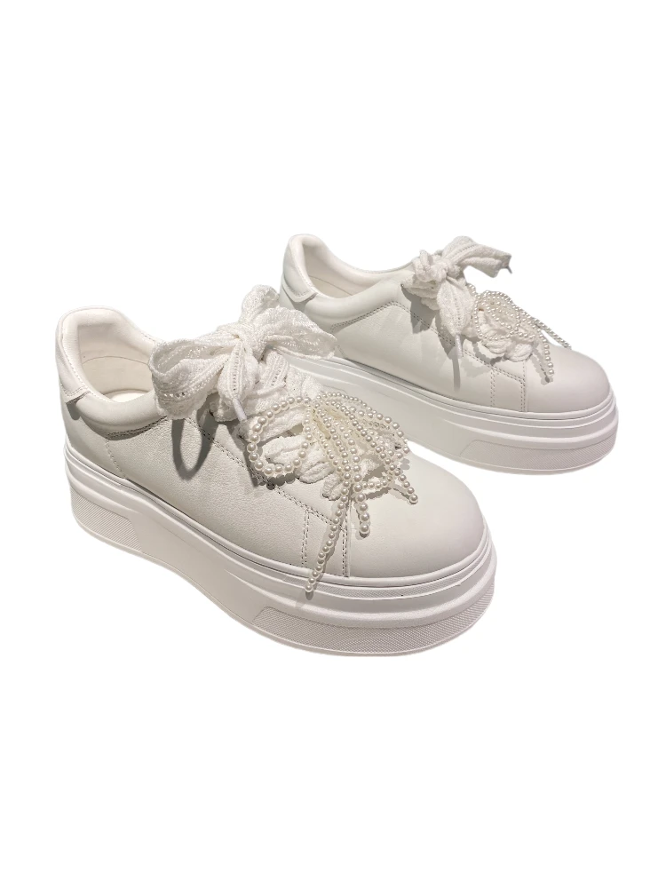 2025春新款增高真皮小白鞋时尚珍珠厚底休闲鞋甜美百搭松糕板鞋