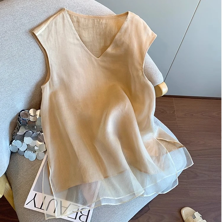 新中式双层网纱V领吊带背心女夏薄款时髦洋气休闲百搭无袖上衣