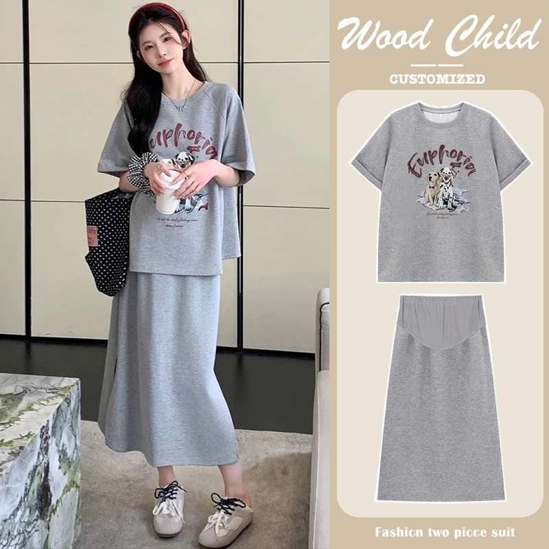 孕妇休闲半身裙套装夏季时尚时髦短袖T恤上衣半身裙运动两件套女