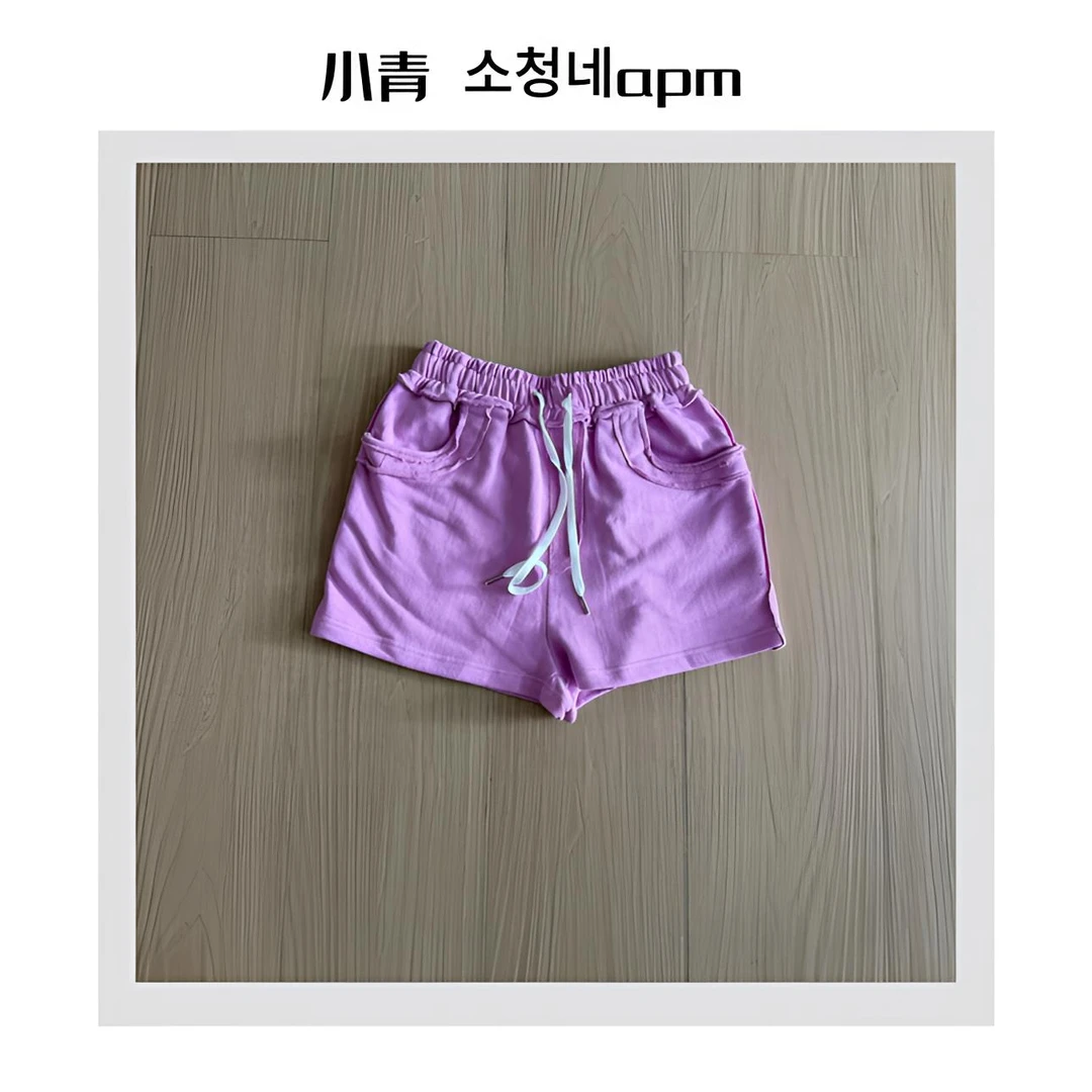 韩国东大门 ROOM/做旧纯色松紧腰热裤
