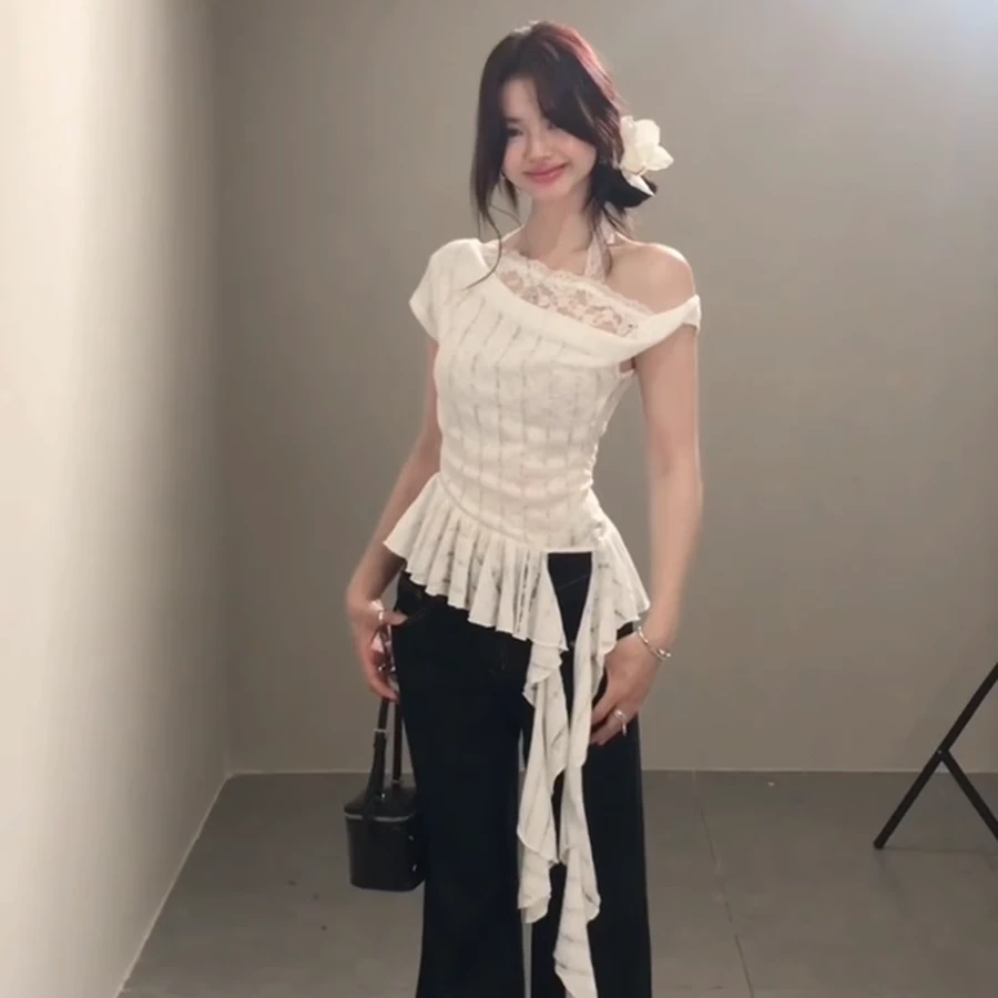 夏季新款修身显瘦上衣韩版纯欲气质不规则蕾丝一字肩短袖T恤女