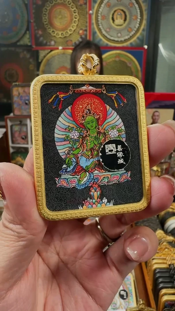 吊坠壹善缘城手绘唐卡绿度铜壳单面