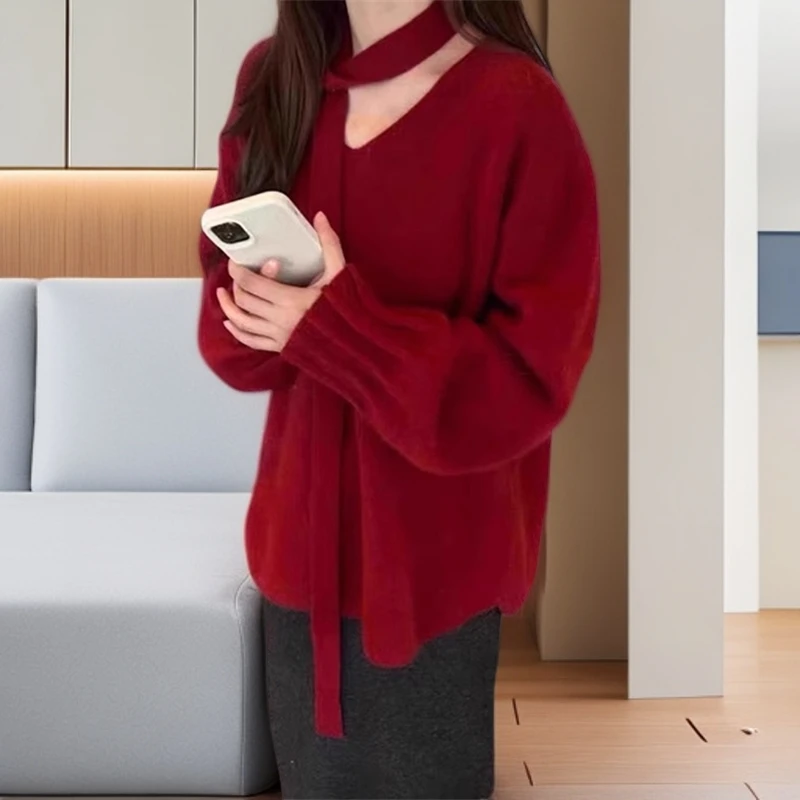 韩系挂脖V领灯笼袖红色毛衣女秋季大码胖MM显瘦宽松遮肚针织上衣