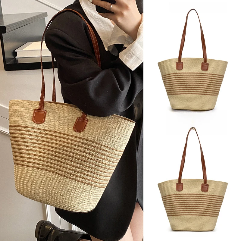夏天高级感通勤编织海边沙滩草编包女2025新款流行条纹度假单肩包
