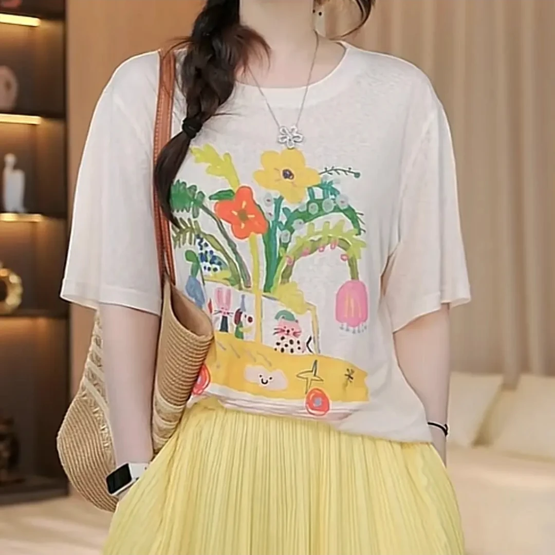 夏季2025新款短袖t恤女趣味印花减龄休闲宽松显瘦百搭圆领上衣