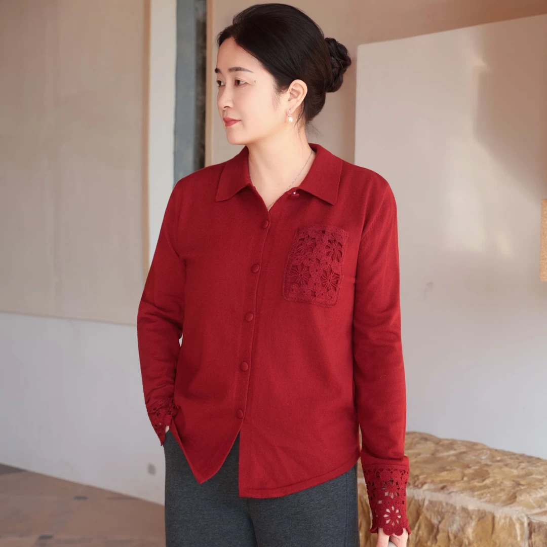 麻享【钩花针织衬衫】镂空拼接翻领针织开衫长袖打底女士FSY51456