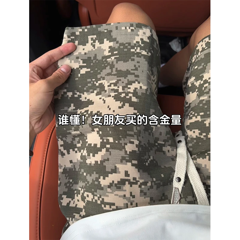 美式复古迷彩方块国潮工装短裤男夏季设计感潮牌薄款户外四五分裤