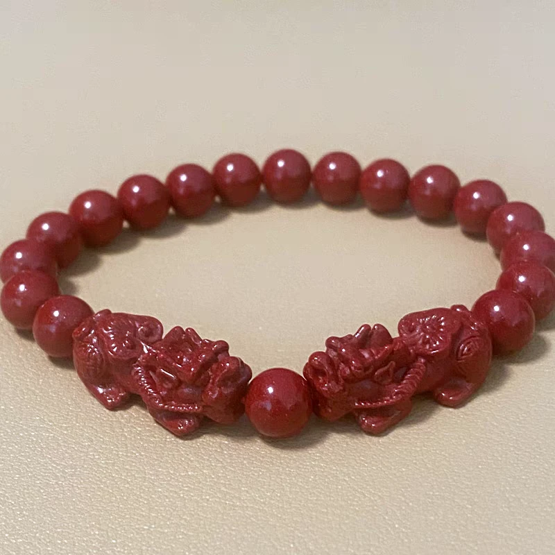 含辰砂工艺品朱砂紫金砂8毫米双貔貅手串