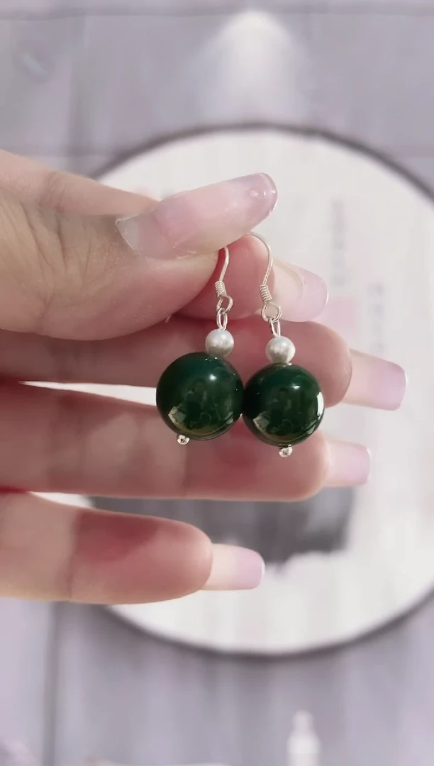 和田玉（碧玉）未镶嵌耳饰（12mm圆珠耳环）多样性发货