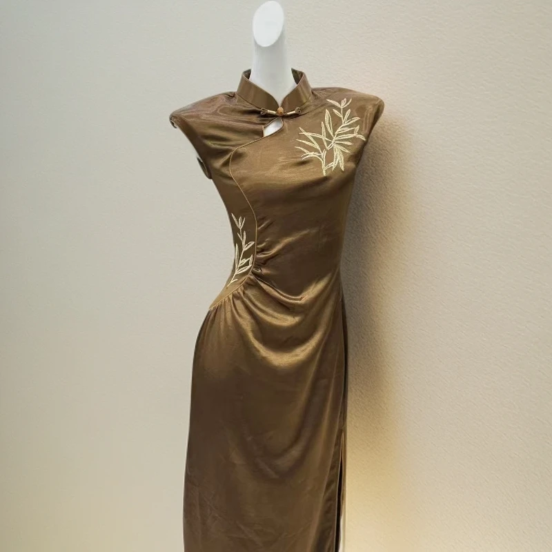 青未了【金竹】夏季新款掐腰冰绸缎复古中国风改良四色旗袍 衣长125