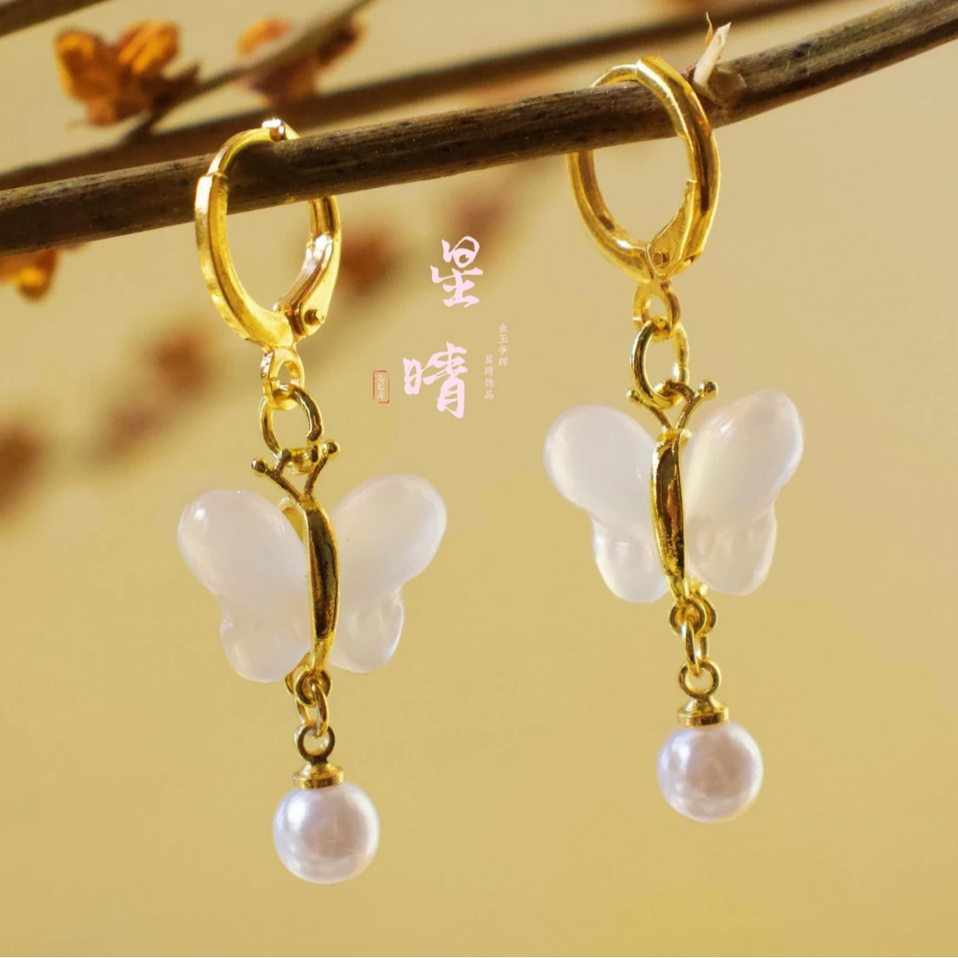 S925银镀金精品冰透玉髓蝴蝶耳圈耳坠