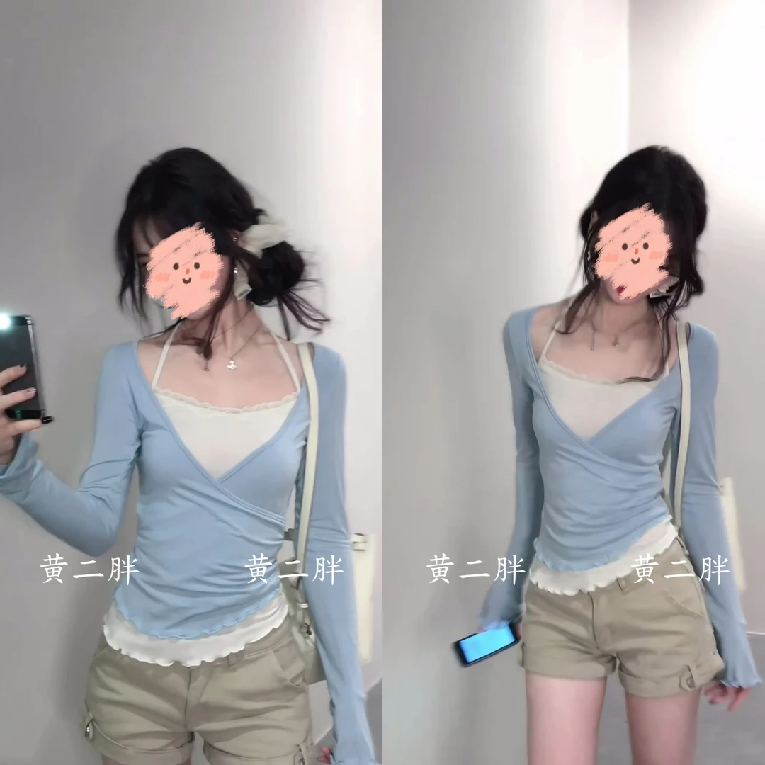 蓝色蕾丝拼接挂脖长袖防晒T恤女2025夏季设计感撞色上衣+短裤套装