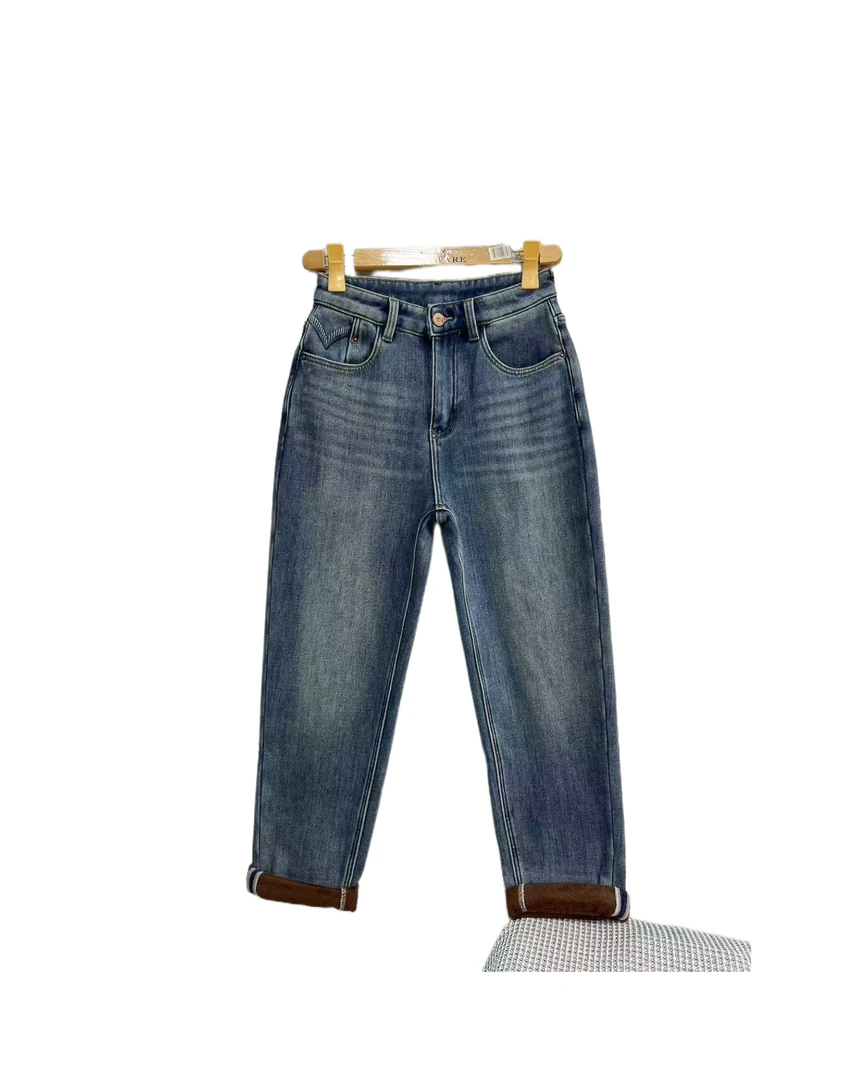 1035  口袋V装饰  时尚  百搭 加绒  牛仔裤