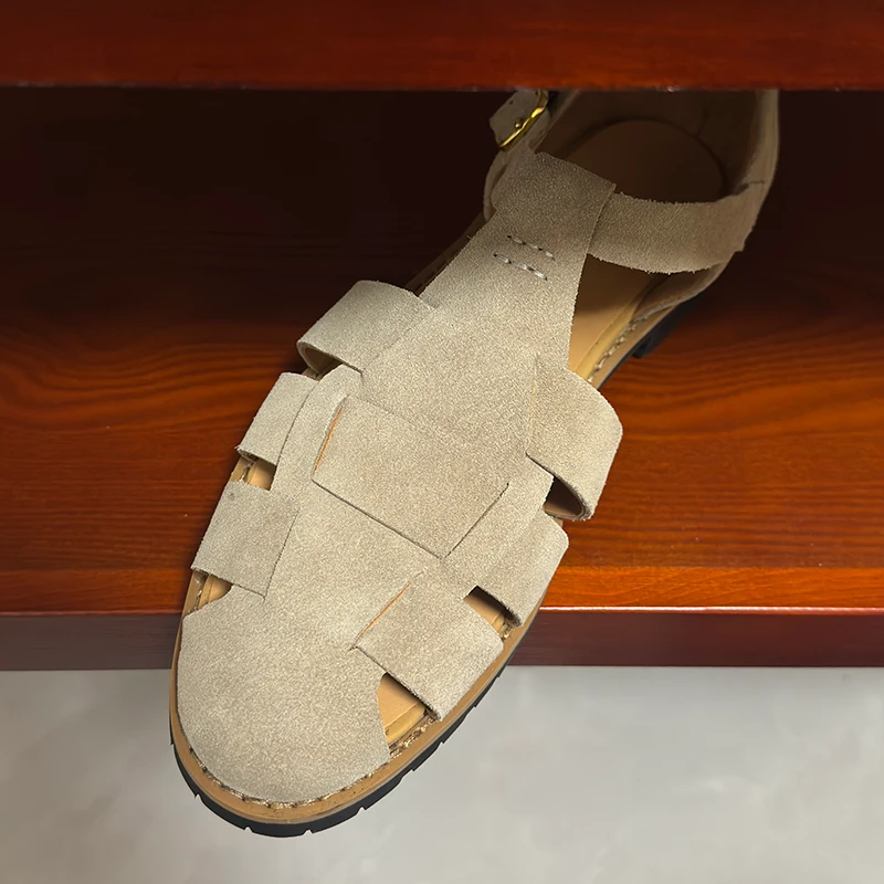 卡其色休闲镂空凉鞋男复古绅士翻毛牛皮猪笼鞋凉皮鞋男真皮罗马鞋