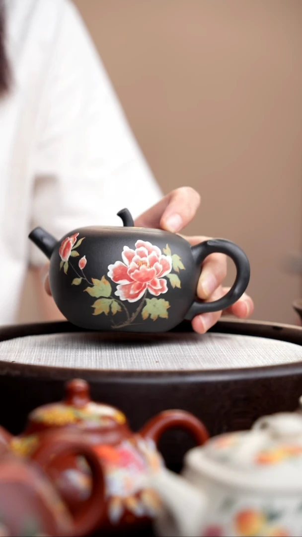 茶壶紫砂云雾天青苹果壶泥绘花