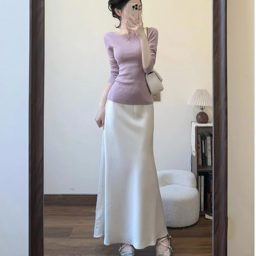 2025新款春秋穿搭气质名媛风紫色针织长袖上衣高腰垂感半身裙套装