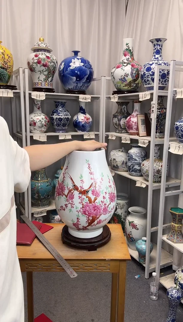 摆件景德镇手绘水点桃花福筒高39左右