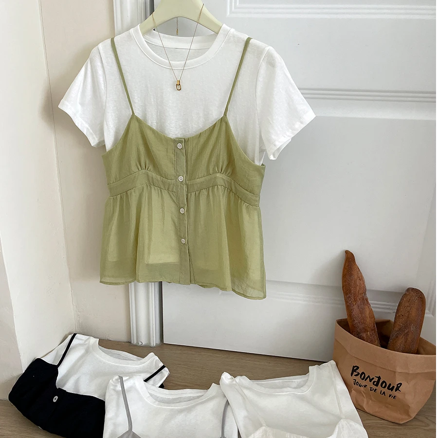 韩系甜美冰丝小吊带背心马甲两件套装女夏法式复古简约百搭配T恤