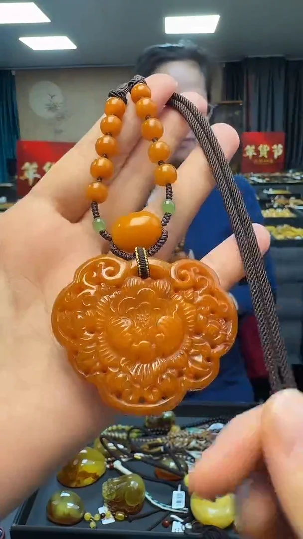 琥珀颈饰未镶嵌天然保真蜜蜡如意牡丹花套装（送绳子）