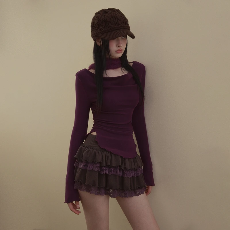 【热销】wooha 吾哈2025春新款S系列T恤纯欲荡领拼接打底衫女