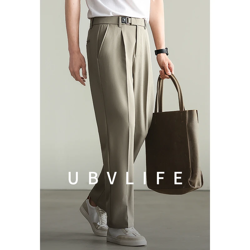 设计感可调节皮扣单褶西裤男士2025春季新款卡其色宽松休闲长裤男