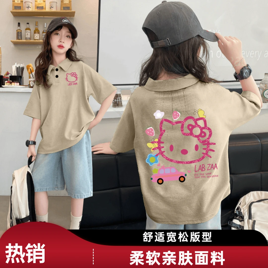 女童t恤纯棉儿童短袖polo衫夏季卡通休闲中大童女孩宽松翻领上衣