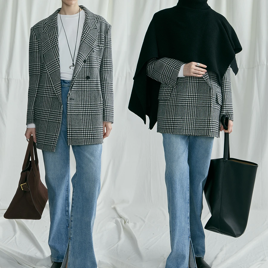小雨同款【150】经典百搭沙漏腰赫本风西装毛呢外套显瘦千鸟格