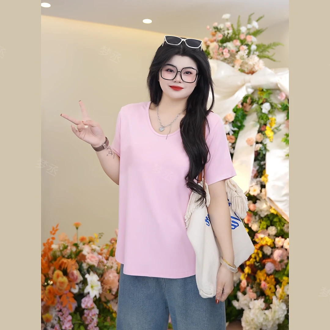 梦丞-大码女装短袖显瘦舒适百搭T恤宽松圆领纯色系上衣夏装