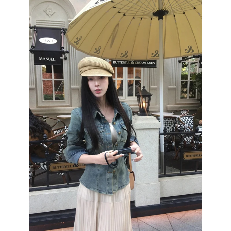 【悉尼海岸】2025秋季新款时尚复古蓝色正肩牛仔衣女时尚小众鱼尾裙