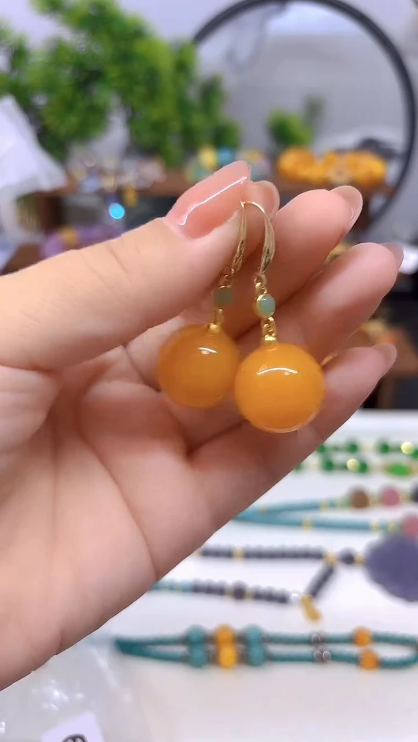 蜜蜡14K金镶嵌耳饰E893