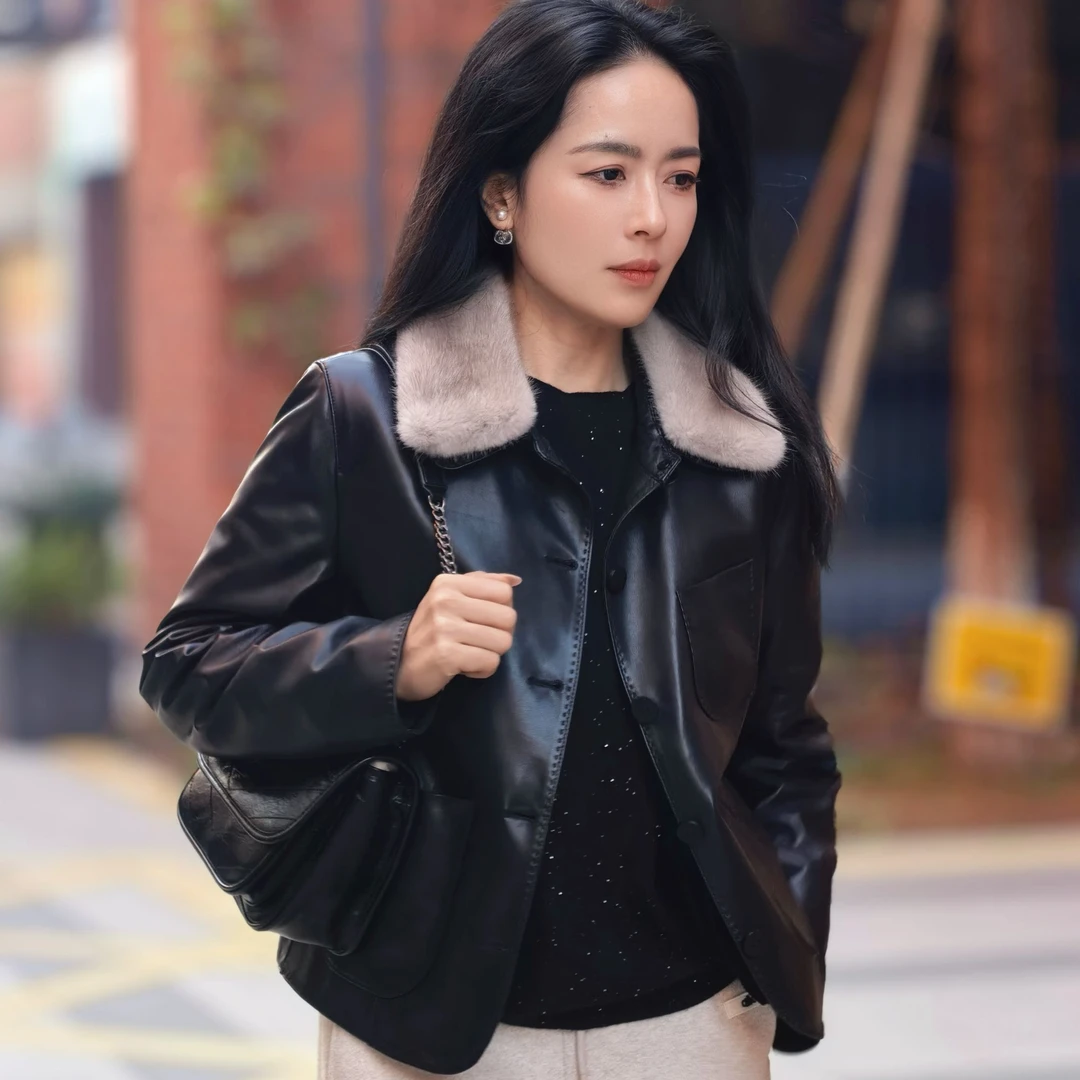 2025新款海宁夹克水貂毛领保暖绒毛皮衣女真皮简约休闲女外套