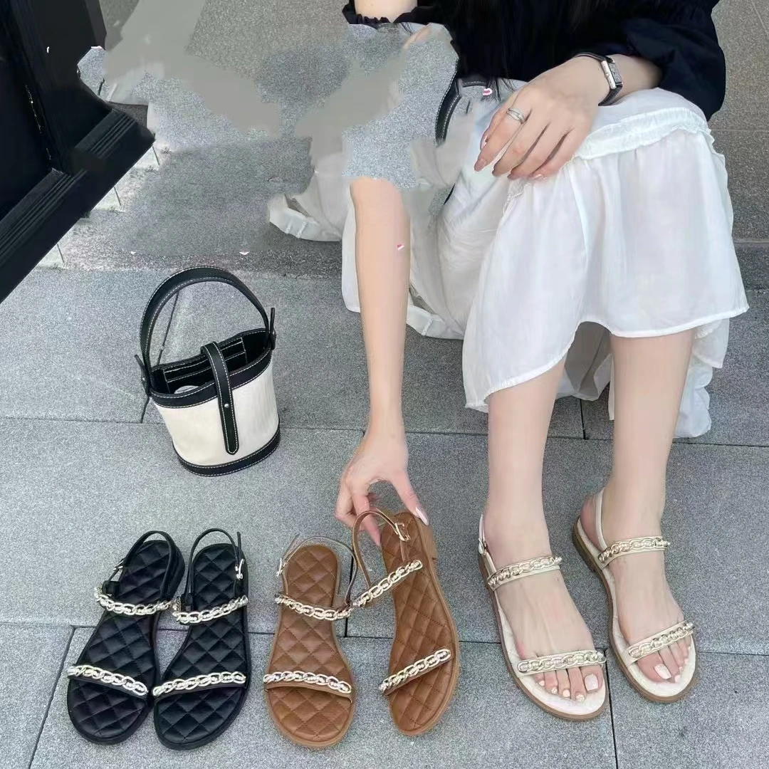珍珠露趾凉鞋夏季韩版新款平跟低跟软底金属链子沙滩罗马鞋161121